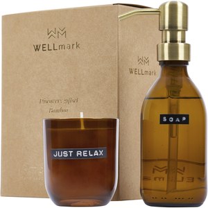 WELLmark 126308 - Wellmark Discovery 200 ml hand soap dispenser and 150 g scented candle set - bamboo fragrance